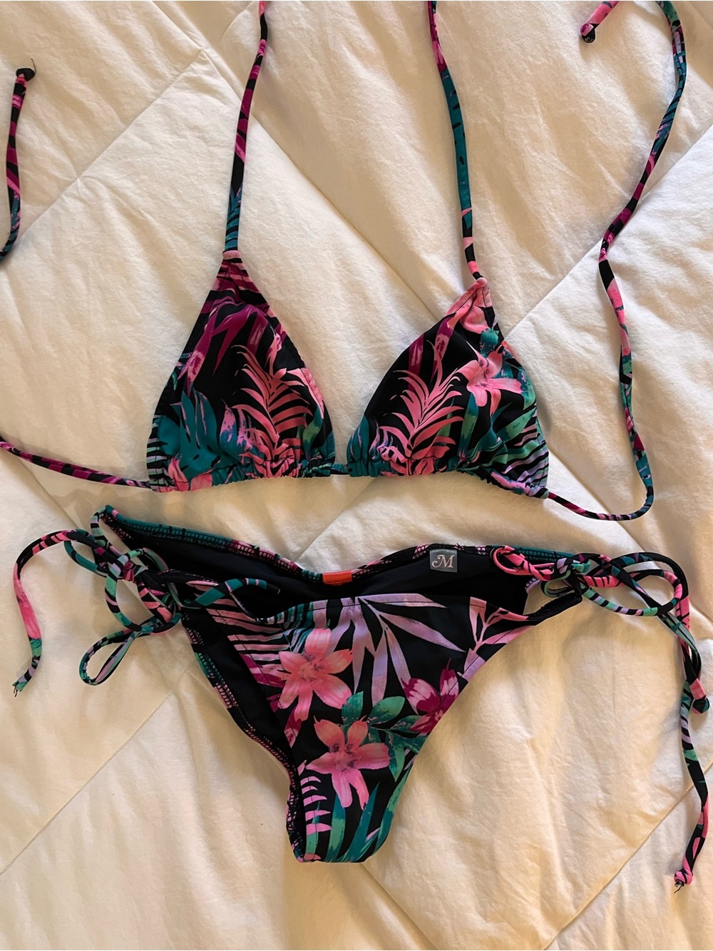 Doll Medium Tropical Floral Tie-Side Bikini Set - Pink & Teal on Black